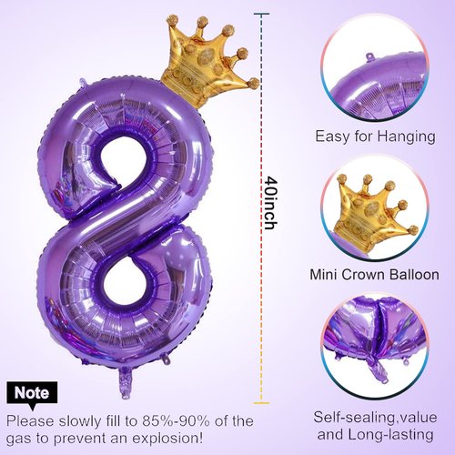 40 Inch Purple Number 8 & Mini Crown Balloon for Birthday Party Decorations, 8th Birthday Party Decorations Purple Theme Party Balloons Decorations Supplies