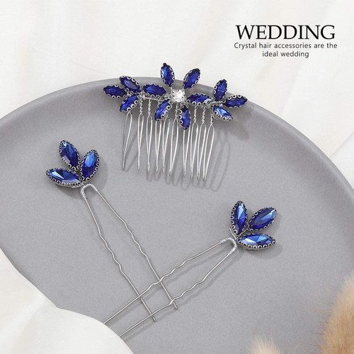 Yean Blue Crystal Wedding Hair Comb Silver Hair Piece Set Rhinestone Bridal Hair Accessories for Women and Girls(3 Pcs) (Silver)