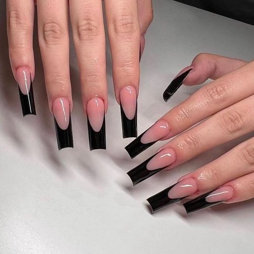 Black Press on Nails French Tip Fake Nails Long Square False Nails with Design Full Cover Acrylic Nails Glossy Artificial Nails Glue on Nails Reusable Stick on Nails for Women and Girls 24Pcs