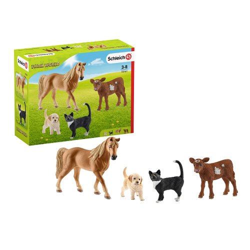 Schleich Farm World Starter Playset, Farm Playset Gifts for Toddlers and Kids with Cat, Horse, Puppy, and Cow 4-Piece Set, Ages 3+