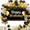Trgowaul Birthday Party Decorations for Men Women - Black Gold Happy Birthday Banner Backdrop, 2 Pcs Happy Birthday Tablecloth, 60 Pc Latex Confetti Balloons, Birthday Party Supplies in Black Gold