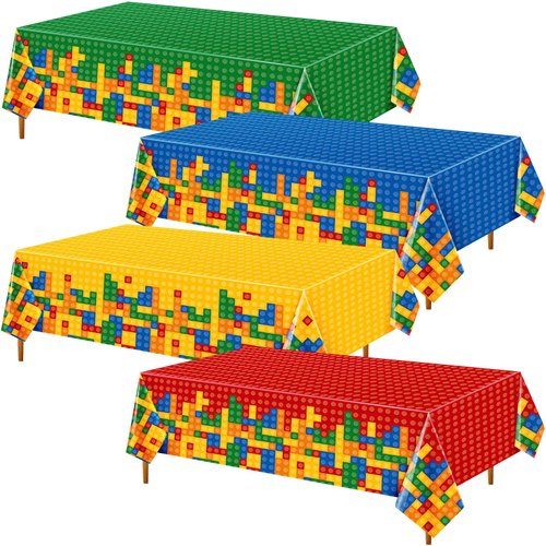 Oudain 4 Pcs Building Block Tablecloths Colorful Building Blocks Birthday Party Decorations 54 x 108 Inch Disposable Plastic Brick Table Cover Waterproof Block Themed Party Supplies (Multicolor)