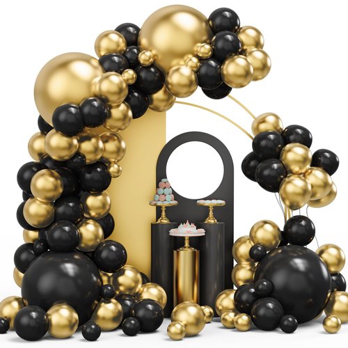 Black Gold Balloons Garland Arch Kit, 134pcs Metallic Gold and Black Balloons with Different Size for Graduation, Birthday, Anniversary, New Year Party Decorations Supplies