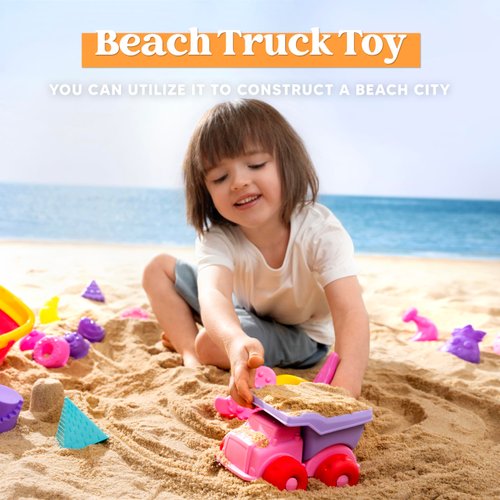 Sloosh Beach Sand Toys Set - Pink Dump Truck Car Toys with Sand Molds Toddlers Outdoor Play, Collapsible Buckets Mesh Bag Sand Shovels Castle Ice Cream Mold Sets, Kids Ages Sandbox Toys (Foods)