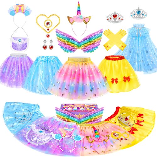 Teuevayl Kids Princess Dress Up Clothes for Little Girls, Toddler Dress Up Costumes Girls Tutu Princess Cape Crown Glove, Wing, Headband Pretend Play Princess Toys Gift for Girls 3-6