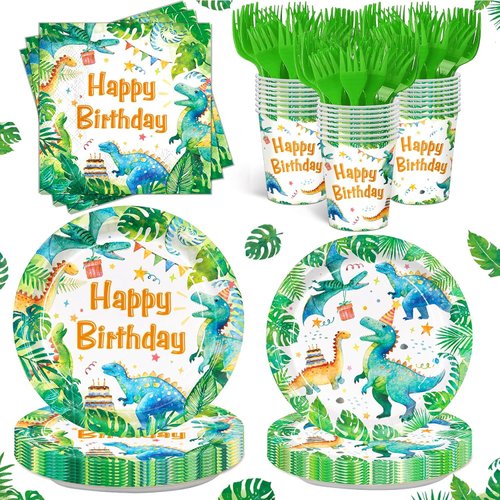 Detanpoly 120pcs Dinosaur Party Supplies Dino Birthday Plates Napkins Watercolor Dinosaur Party Tableware Set Paper Cup Disposable Dinnerware for Boys Birthday Party Supplies Serves 24 Guests