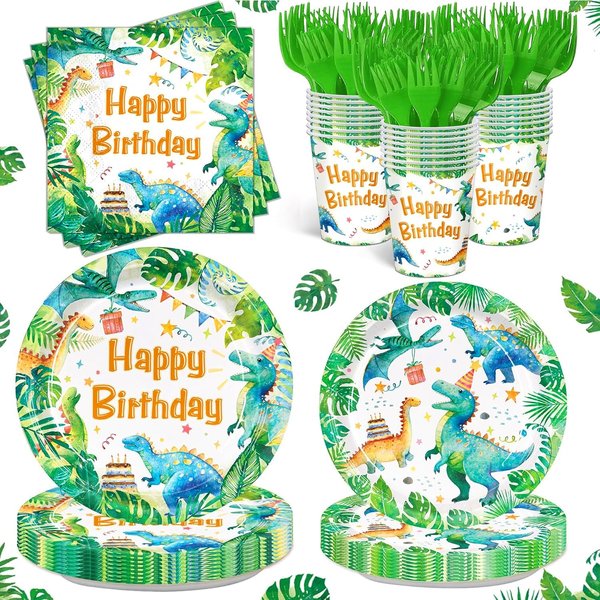 Detanpoly 120pcs Dinosaur Party Supplies Dino Birthday Plates Napkins Watercolor Dinosaur Party Tableware Set Paper Cup Disposable Dinnerware for Boys Birthday Party Supplies Serves 24 Guests