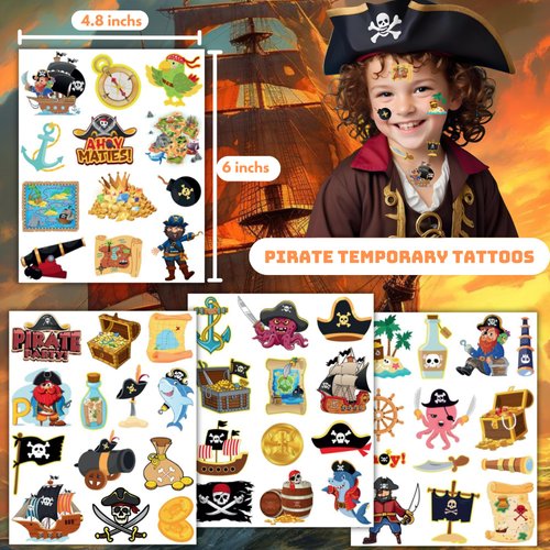 50Pcs Pirate Tattoos for Kids Party Decorations, Pirate Temporary Tattoo Fake Neverland Pirated Cannon Powder Tattoo Body Sticker for Pirate Birthday Party Favors Supplies Boys Girls Party Bag Filler