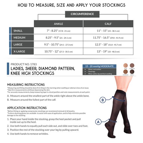 Truform Sheer Compression Stockings, 15-20 mmHg, Women's Knee High Length, Diamond Pattern, Black, Medium