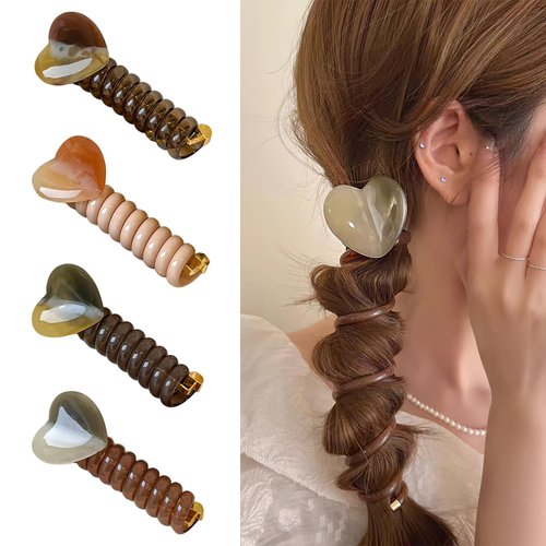 Generic 4 Pcs Heart Spiral Hair Ties Colorful Braided Telephone Wire Hair Bands Elastic Ponytail Holders Phone Cord Hair Scrunchies Hair Accessories for Women