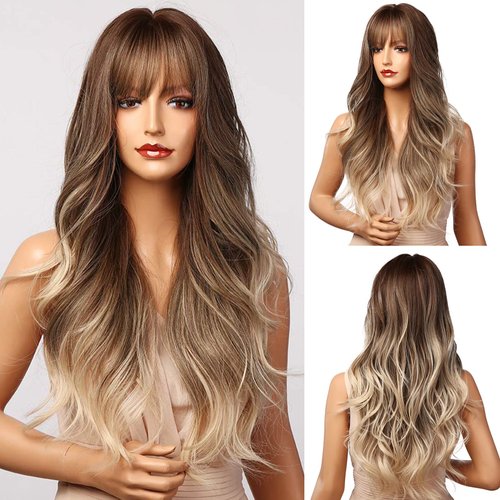 Esmee Brown ombre Blonde Wigs 24&quot; Long Synthetic Wig with High Density Natural Headline Heat Perm...