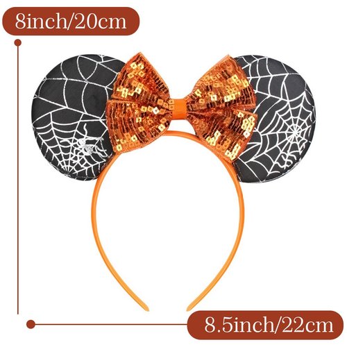 CONERY Halloween Mouse Ear Headband Orange Sequin Bow Hair Hoop Spider Web Hair band Hair Accessories for Halloween Decorations Party Supplies Headwear for Women Girls
