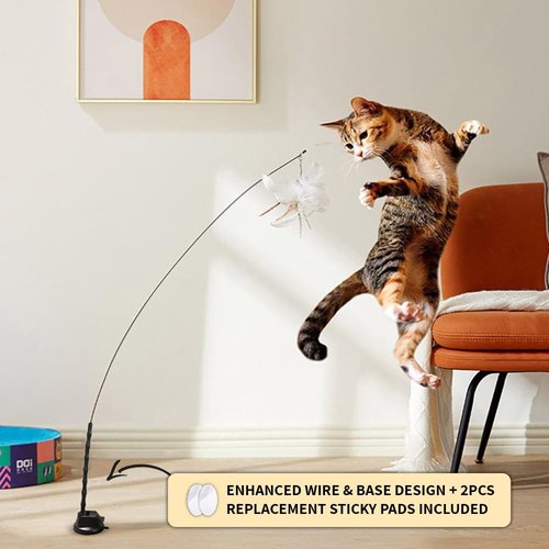 Leo's Paw The Original Interactive Bird Simulation Cat Toy Set Realistic Colorful Feathers Bells Wand Self-Holding Suction Base Stimulating Real-Life Flying Bird Impression Hunting Play (w. 5 Birds)