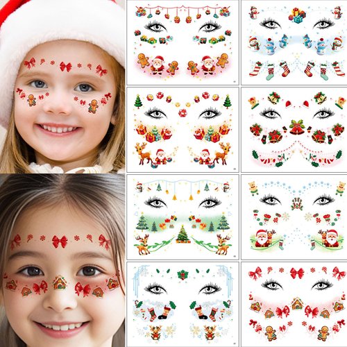 Christmas Temporary Tattoos Snowflake Face Stickers Santa Claus Face Tattoos Sticker Xmas Eye Sticker Children Adult Face Eyes Body Accessories for Christmas Makeup Party