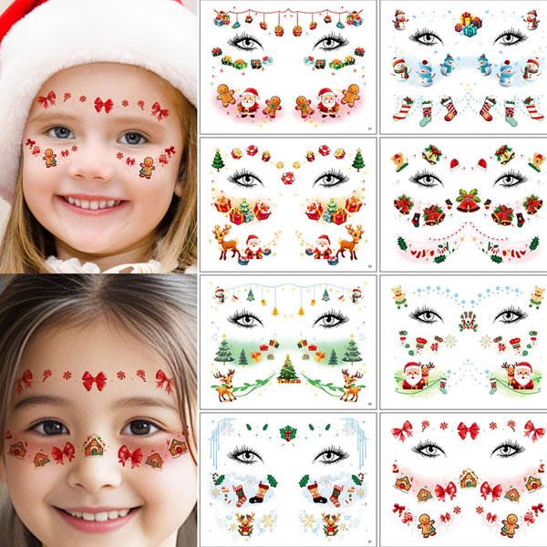 Christmas Temporary Tattoos Snowflake Face Stickers Santa Claus Face Tattoos Sticker Xmas Eye Sticker Children Adult Face Eyes Body Accessories for Christmas Makeup Party