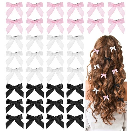 Hair Bows Clips, 36 Pcs 3 Colors Small Bow Hair Clips, Hair Clips Kawaii with Bowknot, Mini Bows with Ribbon Hair Clip for Long, Short, Curly, All Hair Types, Cute Satin Hair Bow Clips for Women Girls