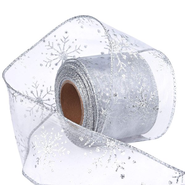 Livder 2.5 Inch Wide Christmas Wired Ribbon Snowflake Organza Sheer Glitter Ribbon for Xmas Tree, Wreath, Party Decoration, Gift Wrapping (Silver-White, 10.9 Yards)
