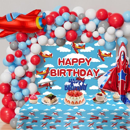 Airplane Birthday Party Decorations,Airplane party Supplies Kit-Balloons Arch Garland Kit,Airplane Birthday Backdrop,Tablecloth,Cake Topper,Airplane Birthday Party Supplies