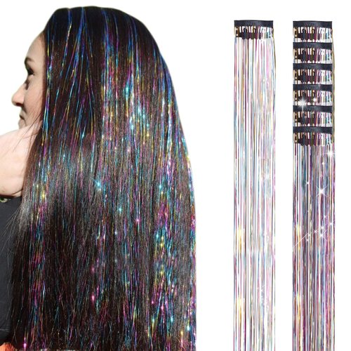 DOORES Hair Tinsel Clip in 6 Pcs 24 Inch, Tinsel Hair Extensions Fairy Hair Tinsel Glitter Tinsel for Hair Hair Glitter for Kids Hair Accessories for Girls Halloween Hair Extensions (3 Mixed Color)