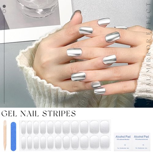 HOSAILY Gel Nail Strips Set, Mirror Chrome Silver Gel Nail Stickers, Long Lasting UV Free Gloss Nail Wraps, Easy to Apply Remove-Includes 22 Nail Wraps, 2 Prep Pads, 1 Nail File and 1 Wooden Stick