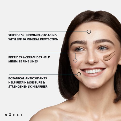 NAELI Anti Aging Tinted Moisturizer SPF 50, Mineral Sunscreen for Face with Zinc Oxide, Peptides & Ceramides, Natural Hydrating Universal Tint - 1.4 oz