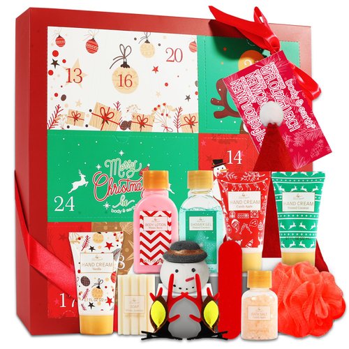 Christmas Advent Calendar 2024, 12 Days of Christmas Advent Calendar for Women, BODY & EARTH Spa Gift Baskets with Snowman Bath Bomb, Scented Candle, Christmas Hat, Christmas Bath Set for Men Women