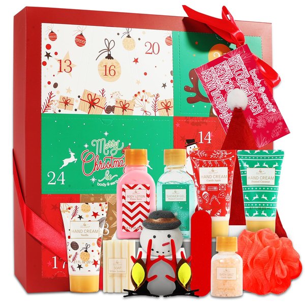 Christmas Advent Calendar 2024, 12 Days of Christmas Advent Calendar for Women, BODY & EARTH Spa Gift Baskets with Snowman Bath Bomb, Scented Candle, Christmas Hat, Christmas Bath Set for Men Women