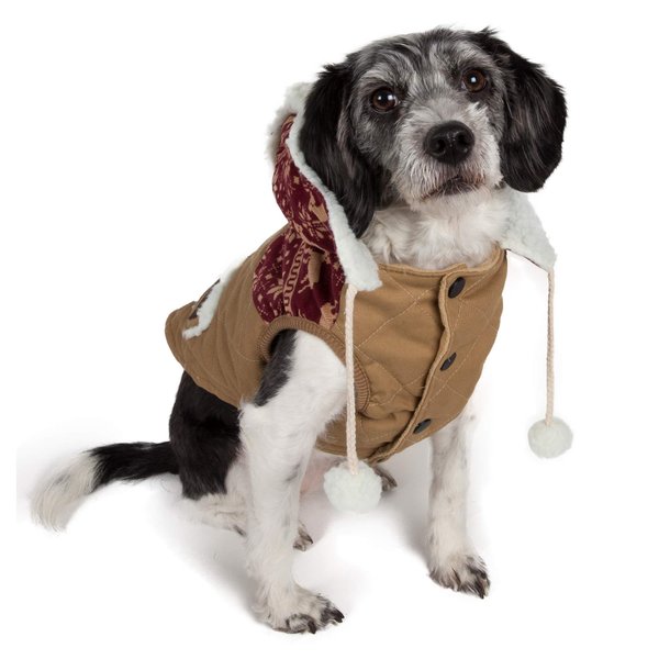 TOUCHDOG 'Snowadayz' Pom Pom Fashion Designer Pet Dog Coat Hooded Sweater Jacket Hoodie, Small, Red / Beige
