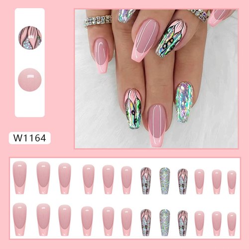 Coffin Press on Nails Medium Dark Pink French Tip Fake Nails Press ons, Full Cover Flase Nails with Glitter Flower Designs Artificial Long Acrylic Glue on Nails for Women 24 Pcs