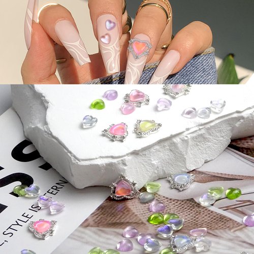 KWOLYKIM 160 PCS Heart Diamond Glitter Nail Charms, Kawaii 3D Pink Jelly Crystal Acrylic Heart Shaped Nail Art Charms for DIY Gel Nail Polish Girls Women