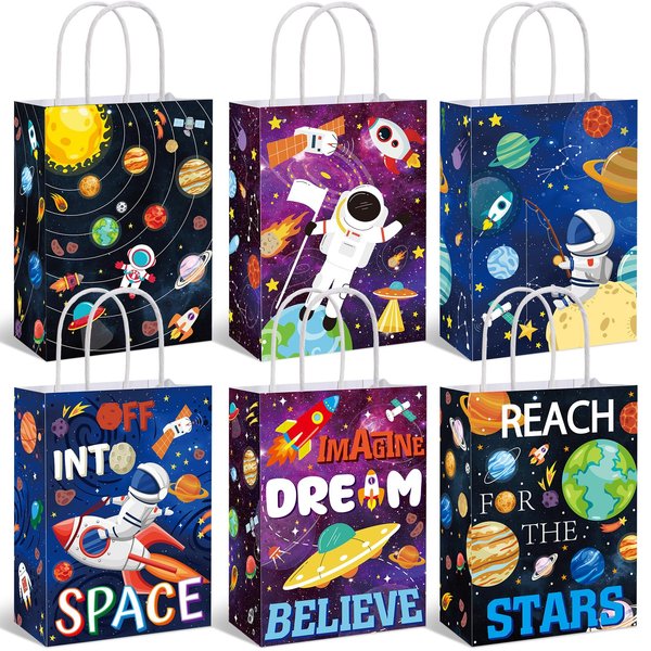 MotiMind 24 Pcs Outer Space Party Bags Outer Space Party Favors Bags with Handle Outer Space Paper Candy Treat Goodie Bag for Birthday Holiday Party Decorations for Kids