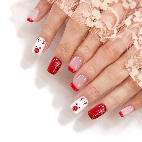Christmas Press on Nails Short Square Design Fake Nails with Nail Glue Acrylic Artificial False Nails Cute Snow Elk Full Cover Stick on Nails for Women Girls Kids Manicure Tips 24Pcs（Red White）