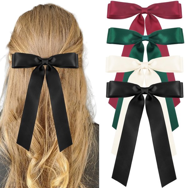 Zkptops 4Pcs Hair Bows Satin Hair Ribbon Hair Bows with Long Tail Hair Clips Cute Tassel Hair Bows Barrettes Hair Accessories Bow Hair Clips Hairpin Barrettes for Women Girls (Black Beige Red Green)