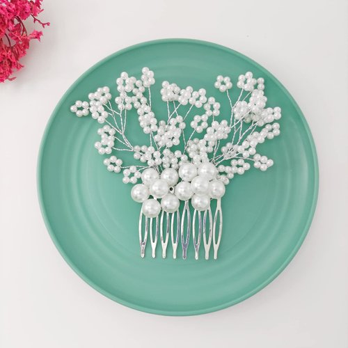 QUEOUNR Pearl Wedding Hair Comb, Bridal Hair Combs White Hair Pins Clips Head-piece Decorative Hair Accessories for Women Girls Brides Bridesmaid,H33