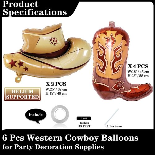 6 Pcs Western Cowboy Boots Balloons Hats Balloons, Cowboy Boots Balloon Cowboy Hats Balloons Mylar Balloons for Western Cowgirl Cowboy Birthday Party Decorations Bachelorette Party Supplies (Brown)