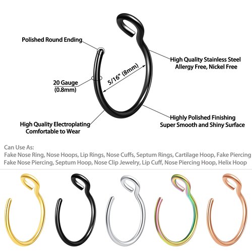 Velcare Nose Rings Hoops Nose Piercings Hoop Nose Ring Lip Rings Nose Cuffs Nose Rings for Women Men Nose Hoops Double Hoop Nose Ring, Stainless Steel, no gemstone