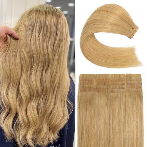 Honey Blonde Tape in Hair Extensions Remy Human Hair Strawberry Blonde 20Inch 20Pcs 50G Thick from Top to End, Silky and No Tangle Staight Tape ins for Fashion Women (20Inch #27 50g)