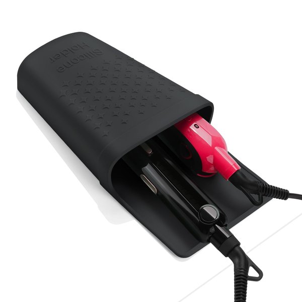 ZAKRA Curling Iron Holder,Heat Resistant Silicone Holder for Flat Iron,Hair Straightener,Hot Hair Tools,Vanity Accessories Fix with Stainless Steel Hook.(Black)