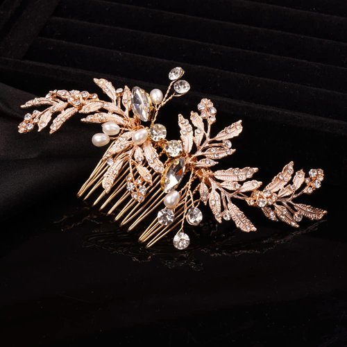 Teyglen Leaf Bride Wedding Hair Comb Bridal Gold Leaves Hair Pieces Dainty Crystal Pearls Side Hair Comb for Bride Handmade Gold Silver Leaf Crystal Headpieces Wedding Hair Accessories for Women Girls