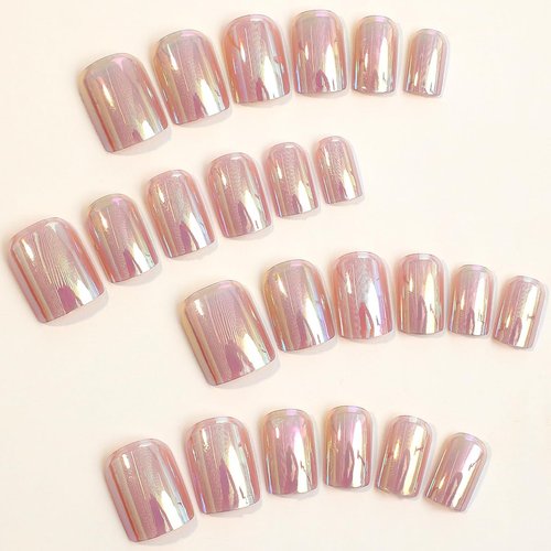 COCDLAN Press on Nails Short Square Fake Nails, Mirror Chrome Powder Glazed Acrylic Nails with Bling Design, Shiny Glossy False Nails Glue on Nails for Daily Party Wear 24Pcs