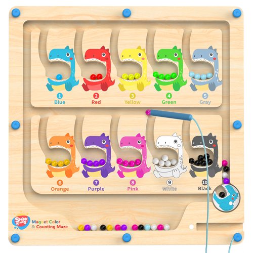 DRQ Magnetic Color and Number Maze - Wooden Color Matching Learning Counting Toddler Puzzle Board - Educational Fine Motor Skills Toys Montessori Toys for 3 4 5 Years Old, Dinosaur
