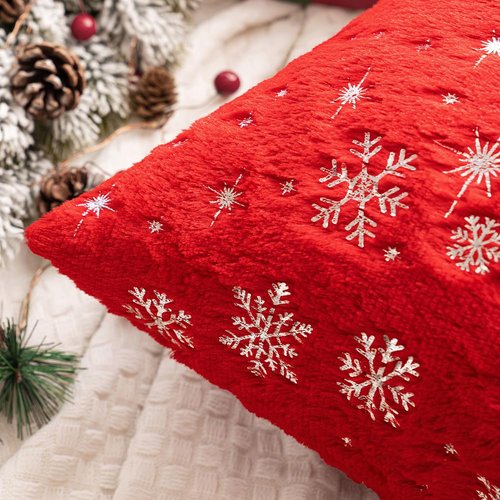 MIULEE Set of 2 Christmas Decorative Throw Pillow Covers Soft Faux Fur Pillow Cases Covers with Silver Snowflake Glitter Winter Pillowcases for Couch Sofa Bed Girls Room, 18 X 18 Inch, Red