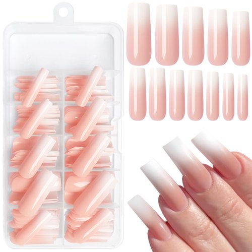 AddFavor 120pcs Press on Nails Long Square Fake Nails Ombre White Pink French False Nails Press o...