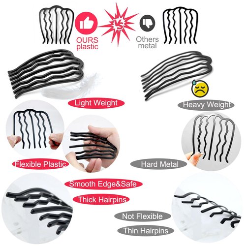 LAPOHI 12 PCS Plastic Hair Side Combs Hair Fork Clip Teeth for Updo Bun, U Shape Hair Pin Stick Hair Combs for Vintage Hairstyle Hair Accessories