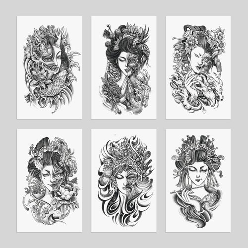 Oottati 6 Sheets Arm Waterproof Temporary Tattoos Geisha Women Half Devil Prajna Koi Carp Lotus Flower