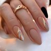 Almond Press on Nails Medium Fake Nails Nude False Nails with Designs Gold Glitter Line Glue on Nails Marble Full Cover Acrylic Nails Stick on Nails for Women Nails Decoration