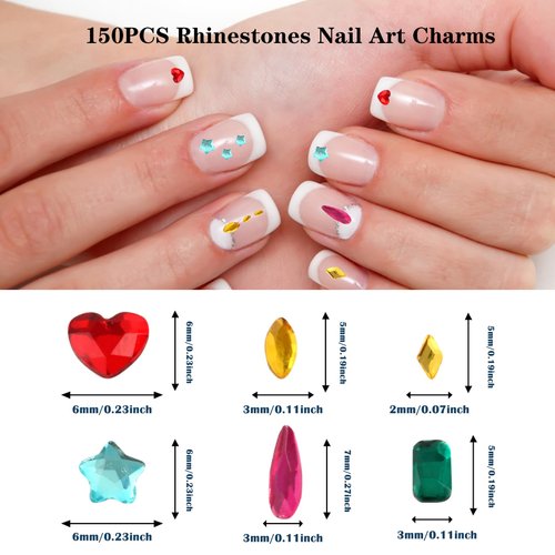 HLTOO 150PCS Rhinestones Nail Art Charms, Colorful Flatback Crystal Gems Nail Art Accessories Decoration, Heart Star Water-Drop Round Geometric Multi Shapes Rhinestones for Crafts Nail Supplies
