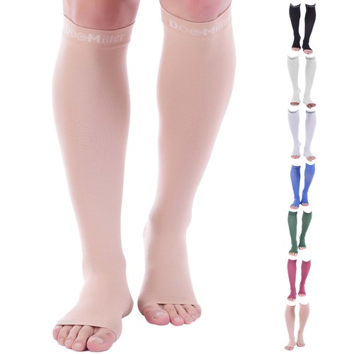 Doc Miller Open Toe Compression Socks Women and Men, 20-30 mmHg Toeless Compression Socks Women, Support Circulation Shin Splints and Calf Recovery, Varicose Veins, 1 Pair (Skin/Nude, Medium Tall)