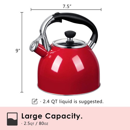 Rorence Whistling Tea Kettle: 2.5 Quart Stainless Steel Kettle with Capsule Bottom & Heat-resistant Glass Lid (Red)
