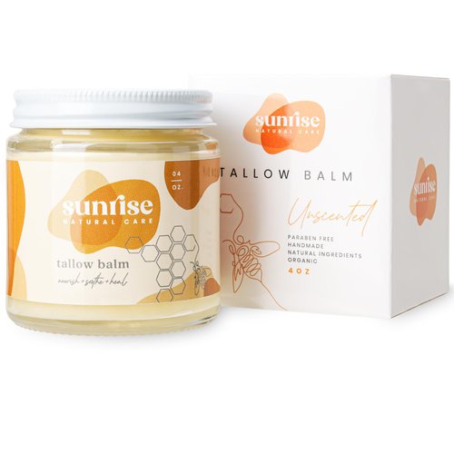 Sunrise Natural Care Honey and Tallow Balm - Body and Face Moisturizer - 100% Grass Fed Beef Tallow - 4 Ounces - Unscented (no essential oils)